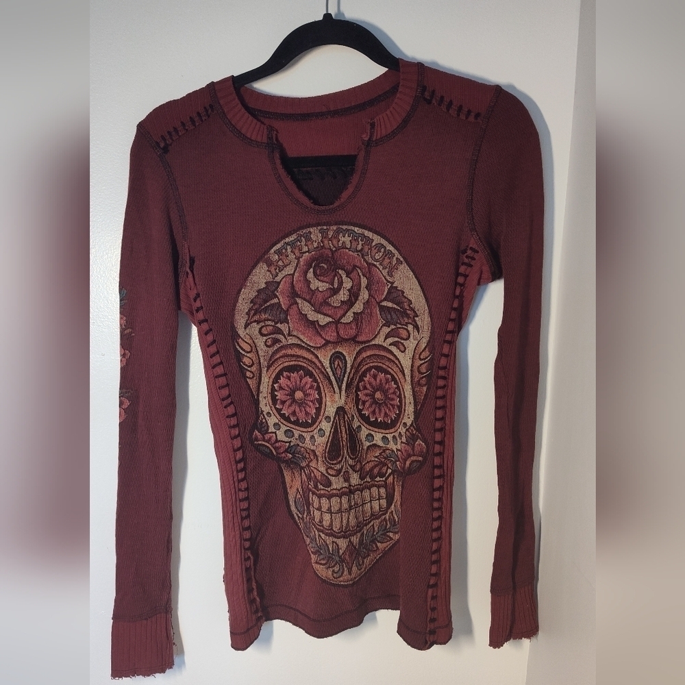 Affliction Maroon Skull Floral Long Sleeve Top Size XS #606
